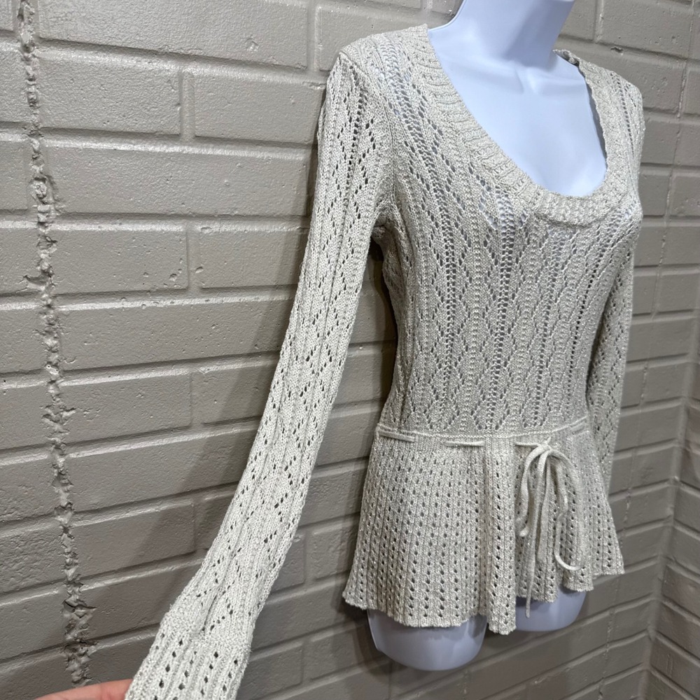 Elle Metallic Pointelle Knit Peplum Sweater Scoop Neck Tie S Y2K Fairy Coquette